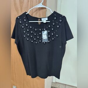 LOFT Black Short Sleeve Embellished Tee Y2K ribbed  NWT extra beads button